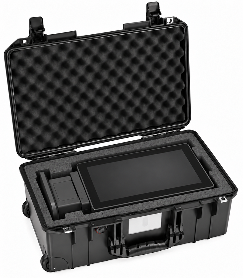 Pre-configured trade show slot machine rental kiosk packed in a rolling hard case with custom foam inserts