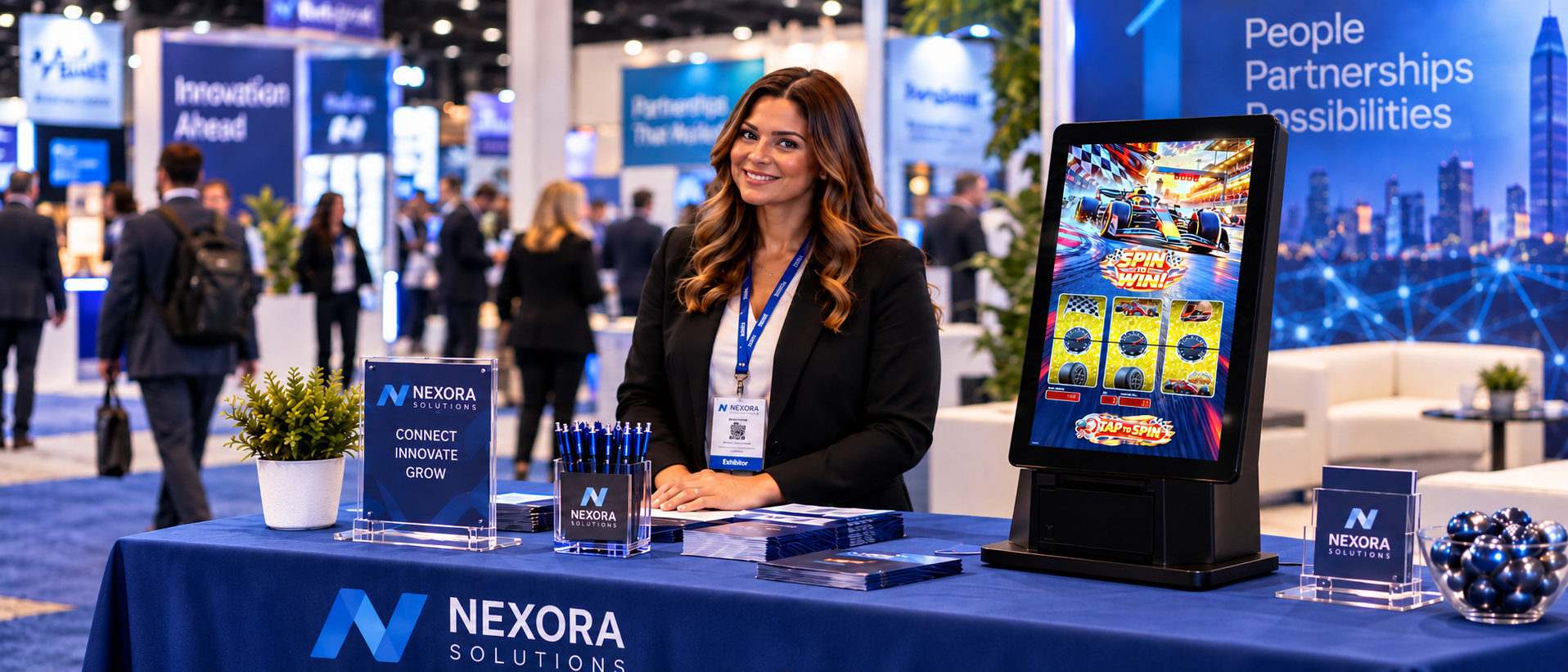 Rented tabletop slot machine kiosk running AllJ Slots at a trade show booth